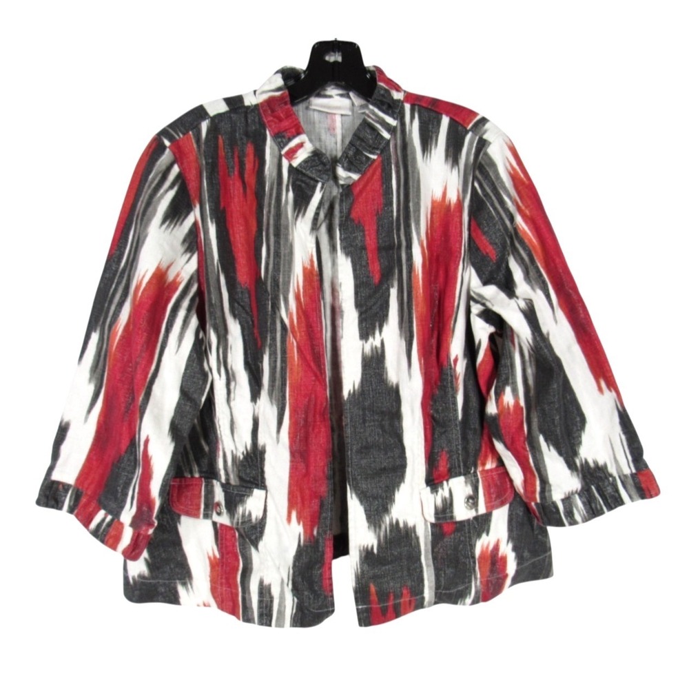 CHICO'S Red w/METALLIC SHIMMER Allegra AZTEC PAINTING Open Front JACKET 2/US L